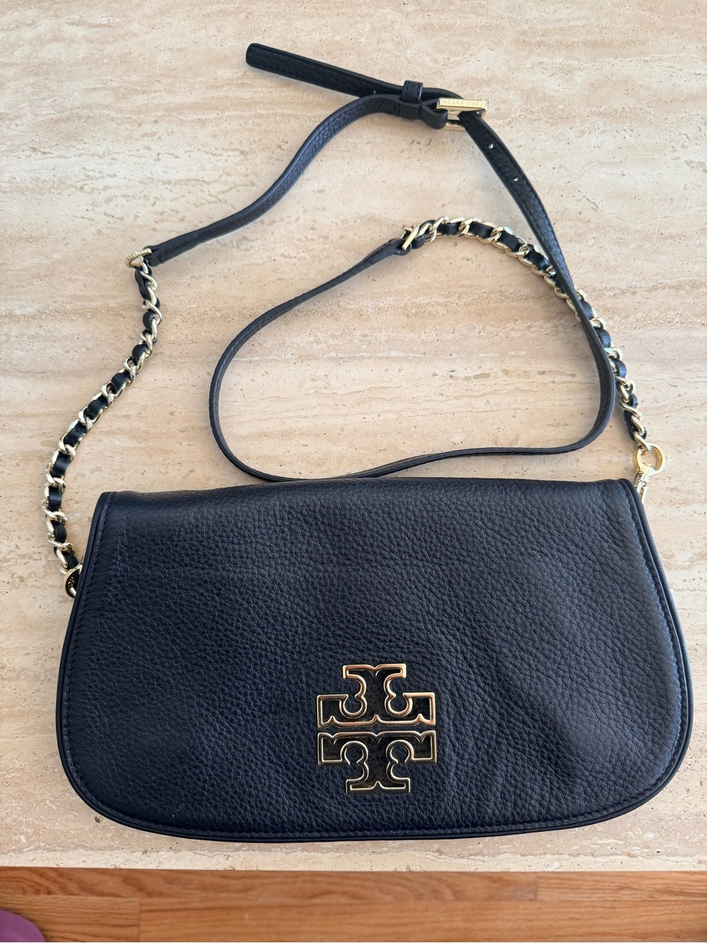 Tory Burch Black Pebbled Leather Gold Logo Crossbody Shoulder Bag